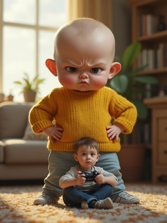 A playful living room scene showcases a large confident baby in a yellow sweater standing with hands on hips. A smaller adult male sits cross-legged and focused on a video game controller. Gentle sunlight pours through the window creating a warm ambiance. The composition highlights the size difference between the baby and the adult male.