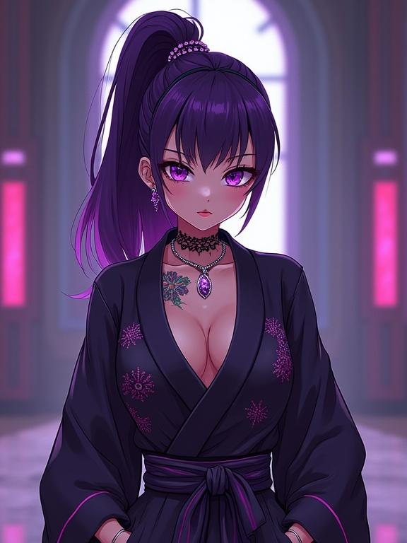 Anime character in a modern dojo setting. Dressed in a luxurious black ninja kimono. Sporting vibrant amethyst purple hair and eyes. Accessories include diamond jewelry. Displays a serious expression. Represents a unique cultural blend. Engaged in ninja training. Holds a kunai designed for water energy.