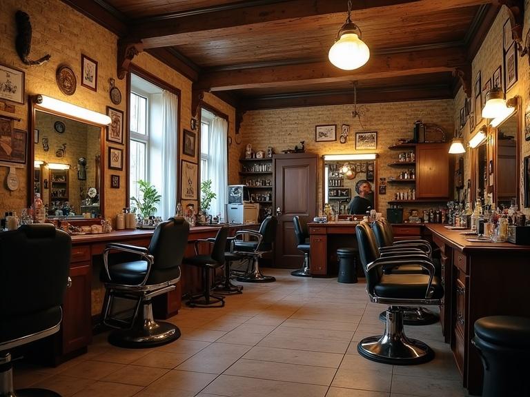 Famous barbershop located in Ostrava-Poruba city. Interior filled with regional character. Features barbershop chairs, mirrors, and walls adorned with decor.