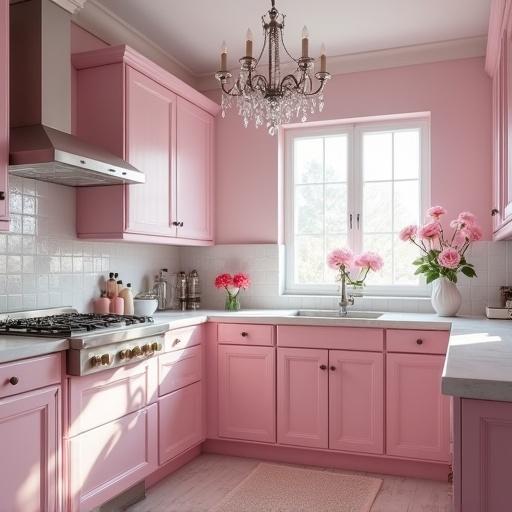 Shabby chic kitchen in pink color. Features include crystal chandelier, white countertops, white window, and pink roses in a vase.