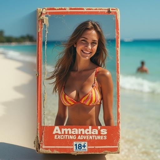 Generate a worn out VHS cover. Movie name Amanda's Exciting Adventures. 18+ logo at the bottom. Girl on the beach smiling. No bra. Photorealistic image.