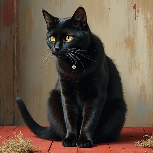 A black cat sitting majestically on a wooden table. The cat has striking golden eyes and a shiny coat. The background consists of a plain wall with a rustic texture. The table has a worn red finish. Some dried moss is scattered around the cat, adding a natural feel to the scene.
