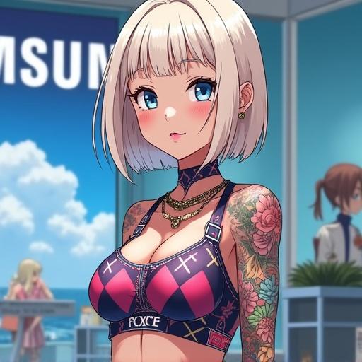 Anime scene set in 2025. Woman with frosted blue eyes and oversized light blonde blunt bob. Modern edgy argyle streetwear. She has colorful tattoos and is in a luxurious Samsung shop. A vibe of being a celebrity in a busy shopping environment.