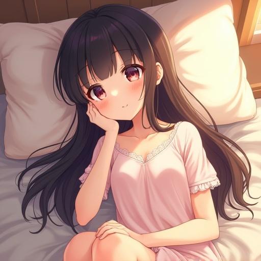 A Japanese anime girl with long dark hair wearing a light pastel nightgown lies on a bed. She has large expressive eyes with a calm expression and a small blush. One hand is near her face. The room has a warm serene atmosphere with soft pillows and morning light coming from a window. Anime art style with soft colors and a dreamy mood.