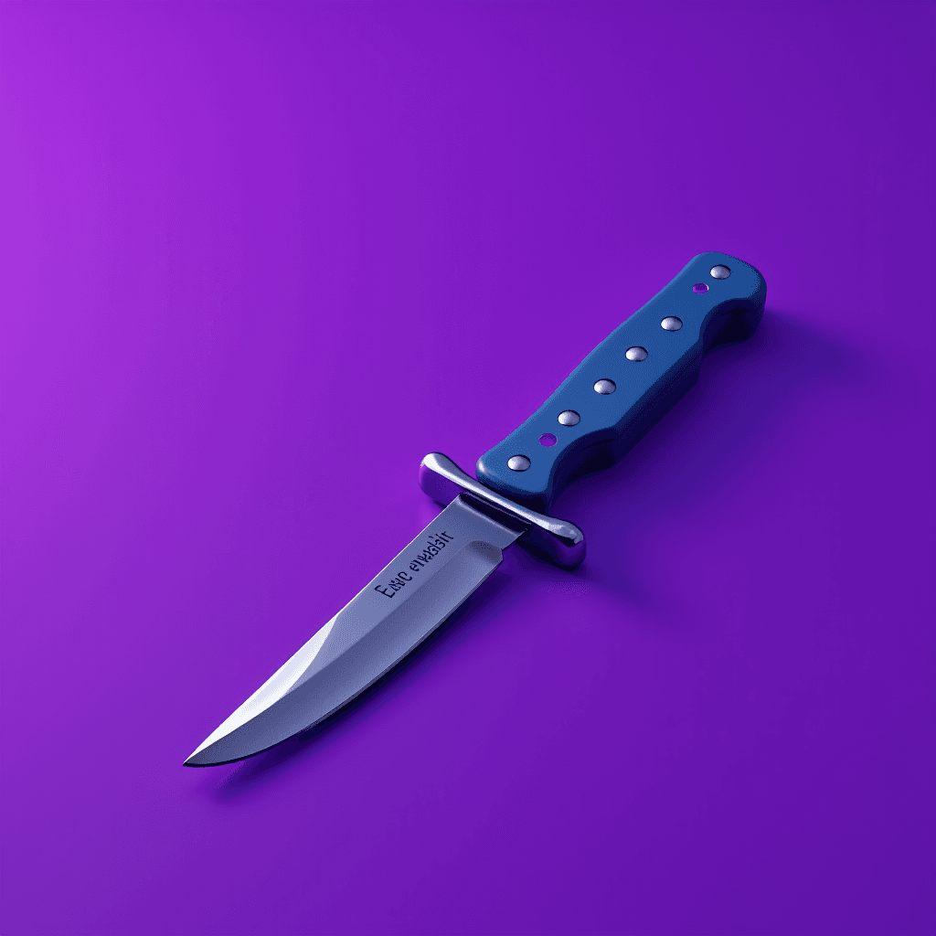 A sharp knife with a blue handle rests on a vibrant purple background.