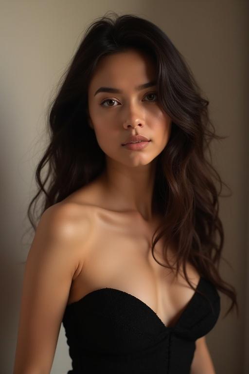 A woman with long, flowing hair and smooth skin stands in front of a soft blurred background. Her body and hair are wet, creating a fresh and sensual impression. She wears a black bustier top and poses dramatically. The gentle lighting highlights her face with a soft glow. The background transitions subtly from light gray to pure white, enhancing the ethereal feel of the image. The overall atmosphere is calm and captivating, emphasizing her natural beauty.