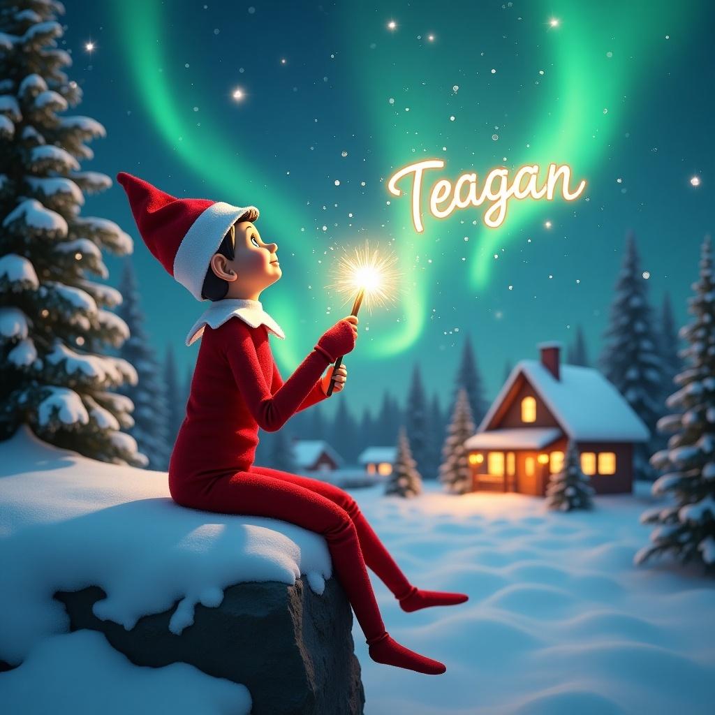 An elf on the shelf sits with its back to the viewer, gazing at the colorful northern lights illuminating the night sky. It holds a bright, glowing wand that sparkles in the air. The scene includes a cozy house decorated for Christmas, surrounded by snow-covered trees. The elf appears playful and full of wonder as it writes names in the air, embodying the joy and magic of the holiday season. The name 'Teagan' is written beautifully in the sparkling light emitted from the wand. This enchanting image captures the whimsical spirit of a winter landscape during the holidays.