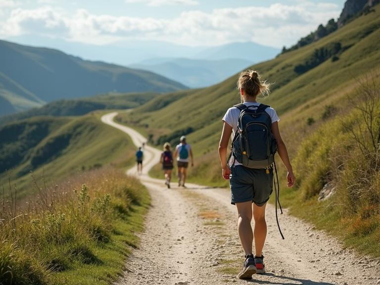 Scenic view along El Camino de Santiago with hikers. A winding path surrounded by green hills. A female hiker in the foreground, carrying a backpack. Other hikers in the background enjoy the tranquility of nature. The sky is partly cloudy.