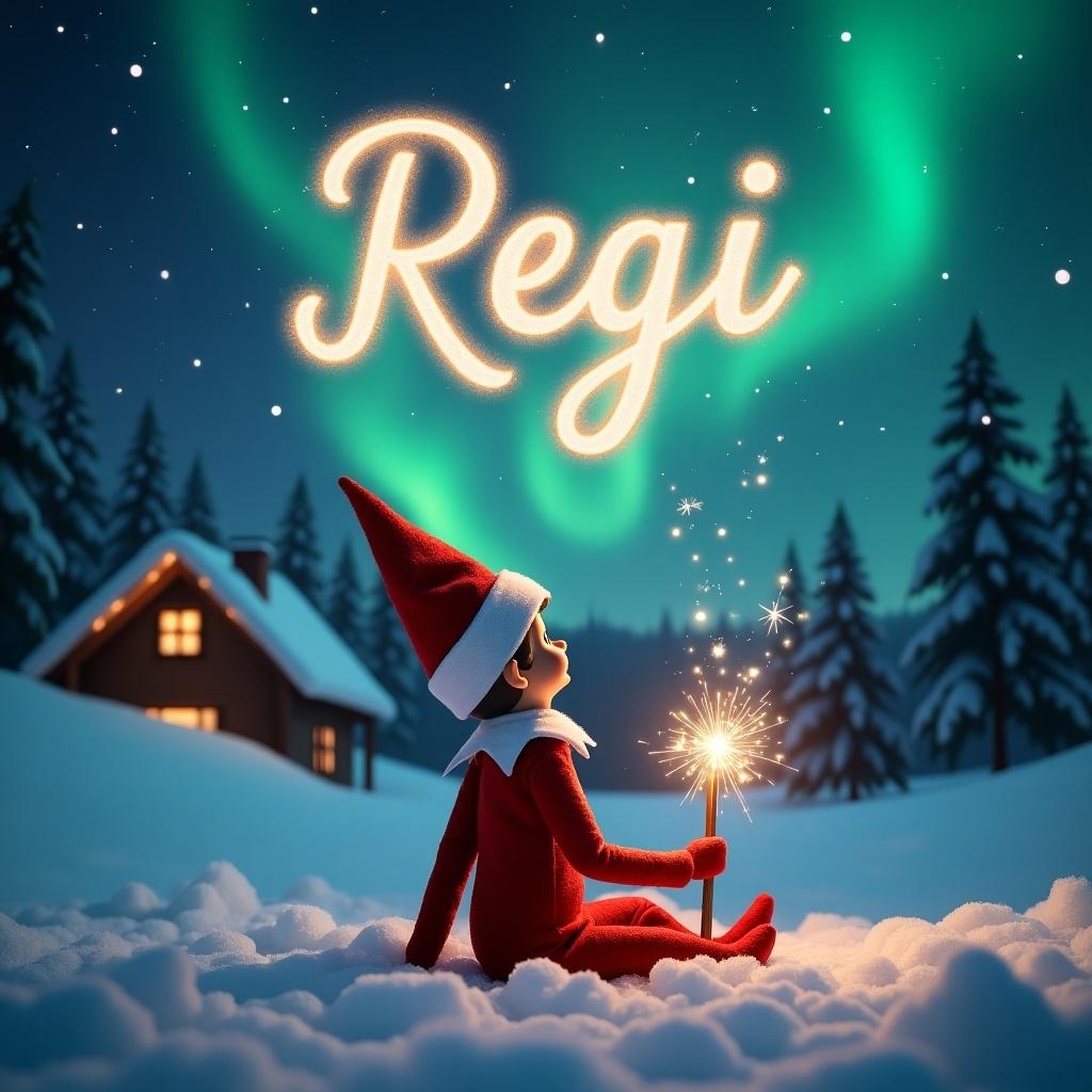 An elf on the shelf is seated on a snowy ground, with his back facing the viewer as he gazes upward. He holds a shimmering magic wand, enchanting the night sky. Above him, the name 'Reggi' is written in elegant, sparkling letters amidst a backdrop of vibrant northern lights. The scene is magical, embodying the essence of Christmas, with soft snow covering the landscape and a cozy cabin visible in the background. The entire atmosphere radiates warmth and festive spirit that captures the joy of the holiday season.