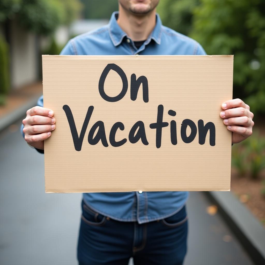 A person is holding a sign that says 'On Vacation'. The person is positioned outdoors surrounded by greenery.