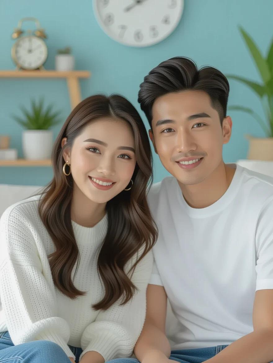 A young couple seated side by side on a sofa. They wear trendy clothes. The woman's makeup appears natural. The interior is a white and blue painted room. Background features plants and a wall clock.