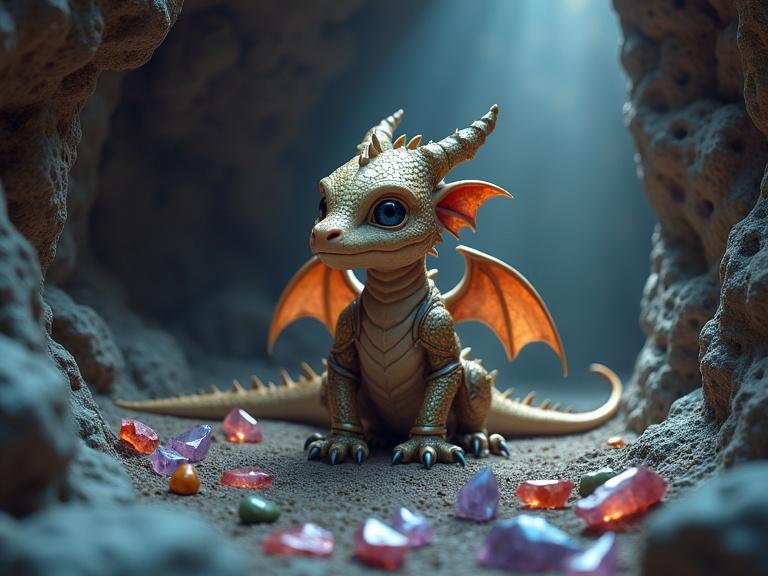 Baby dragon sitting in a cave filled with sparkling crystals. Knight's armor scattered on the ground. Magical and whimsical atmosphere.