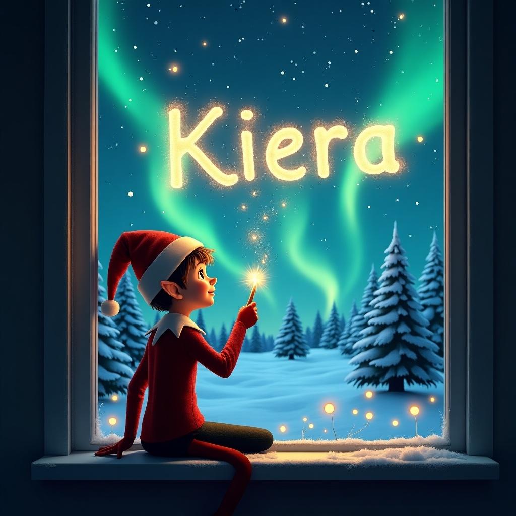 An elf sits on a windowsill creating magic with a wand. The name 'Kiera' appears in glowing letters in the air. Outside, there are snowy trees and northern lights lighting up the sky. A whimsical Christmas atmosphere radiates joy and magic.