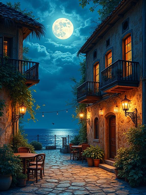 A charming harbor city with cobbled streets features a tavern bathed in moonlight. Illuminated lanterns adorn the scene as the ocean sparkles under the moon. The artwork embodies vintage colors and intricate details.