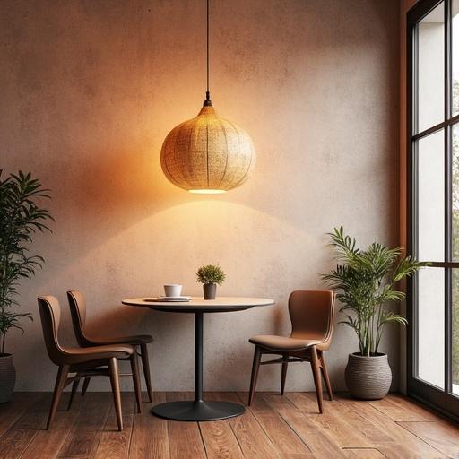 A cozy dining area featuring a round table surrounded by four chairs. A large pendant light hangs above the table. Two green plants add a touch of greenery. Warm wooden flooring provides a comfortable feel.