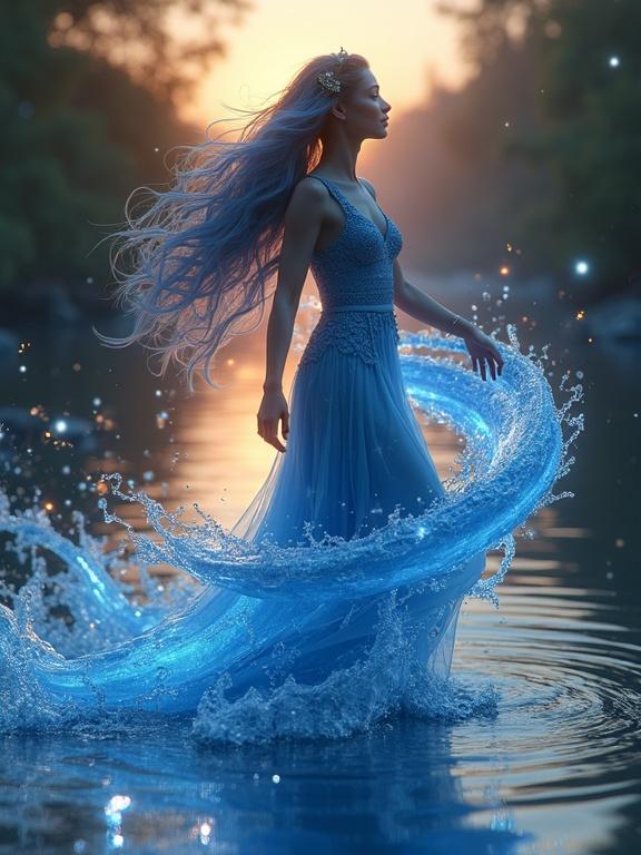 A dancer stands in tranquil waters. Hair flows like sapphire. Clothes swirl with water. Fireflies float around. Warm twilight illuminates scene.