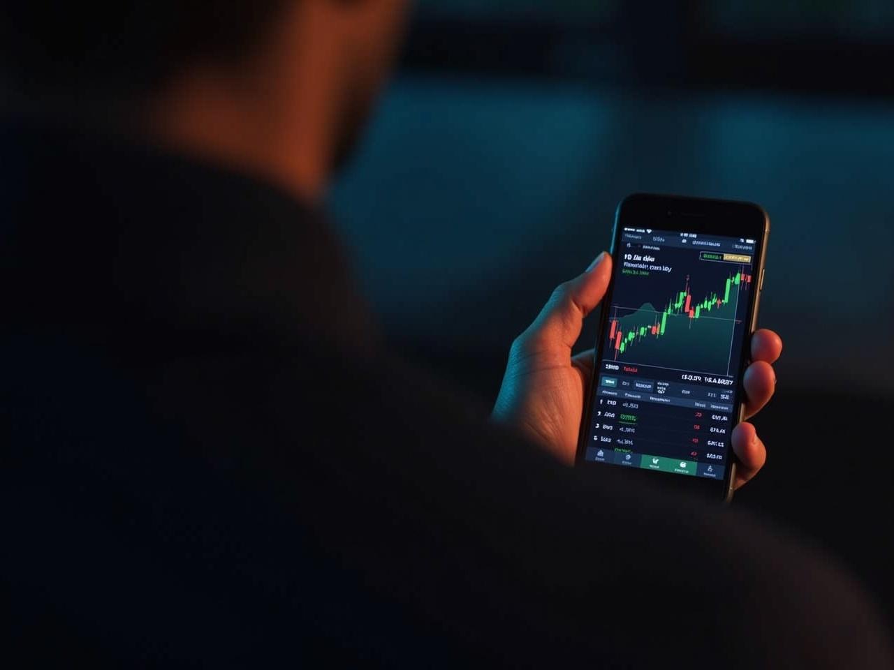 In a dimly lit environment, a person is holding a smartphone that displays a colorful stock market chart. The focus is on the vibrant colors of the chart, including green and red indicators showcasing market trends. The light from the smartphone screen contrasts with the dark surroundings, highlighting the significance of financial data. This setting evokes a sense of concentration and engagement with digital trading. It's a representation of modern trading practices using technology for investment purposes.