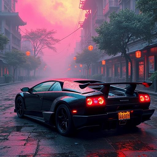 Rear view of a Lamborghini Murcielago 2011 parked on a deserted street. Background features large 3D graffiti with a Chinese landscape. The atmosphere is humid and gloomy with neon pink and purple hues. The car is jet black, creating a striking contrast with its surroundings. Visual style is hyperrealistic and vibrant with impressive glows.