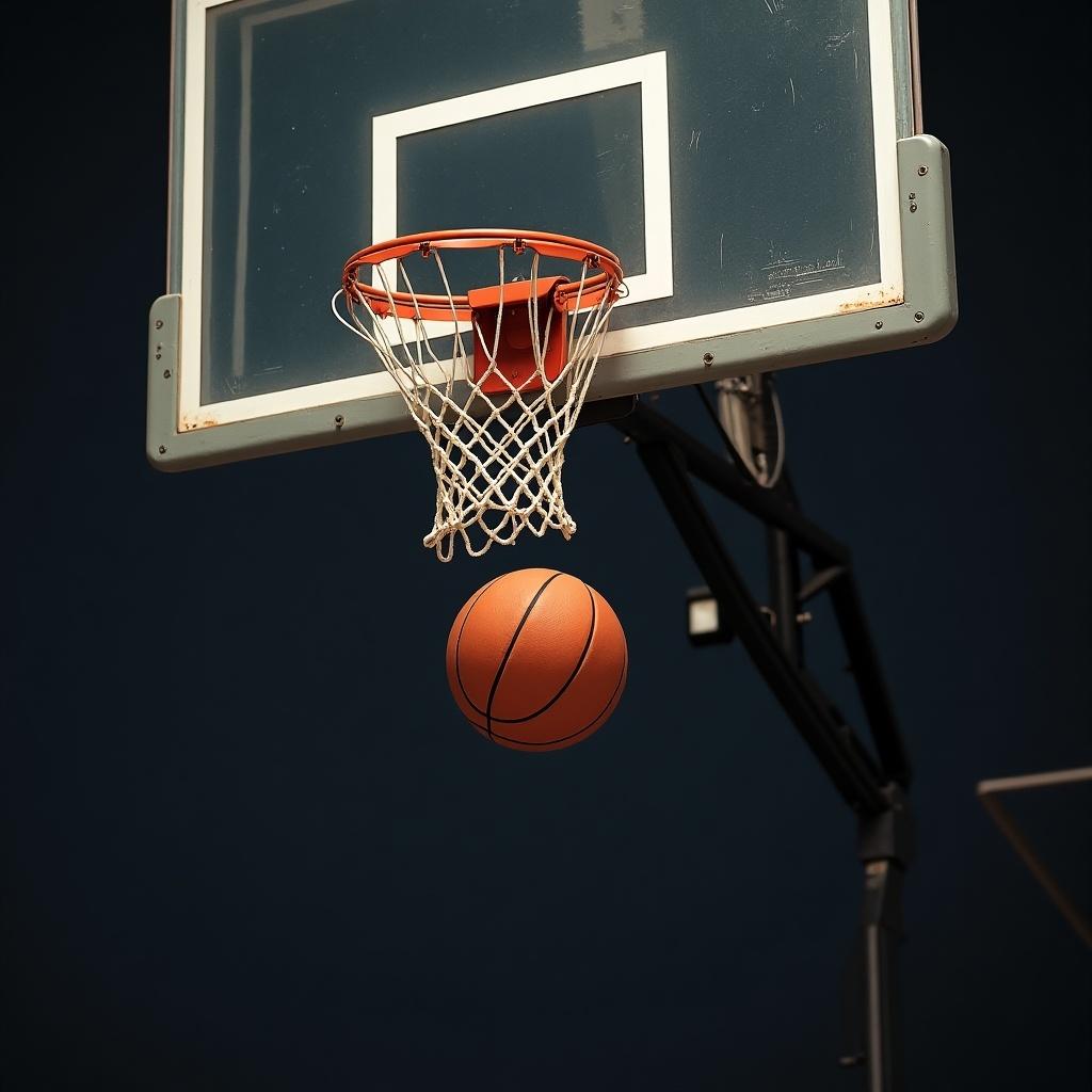 Basketball being shot going through the net. Clock running down during an exciting basketball game.