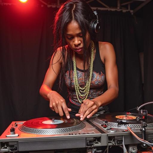 Female DJ performing at a music competition. She is using two turntables and showcases impressive mixing skills. The atmosphere is energetic with red lighting. The image captures the excitement of live DJ performances.