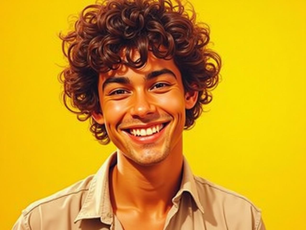 This is a vibrant painting of a smiling young man. He has curly hair and is wearing a light-colored shirt. His expression conveys happiness and warmth. The background is a bright yellow-orange, creating an uplifting atmosphere. The artist's signature is visible in the corner, indicating the artwork is copyrighted.