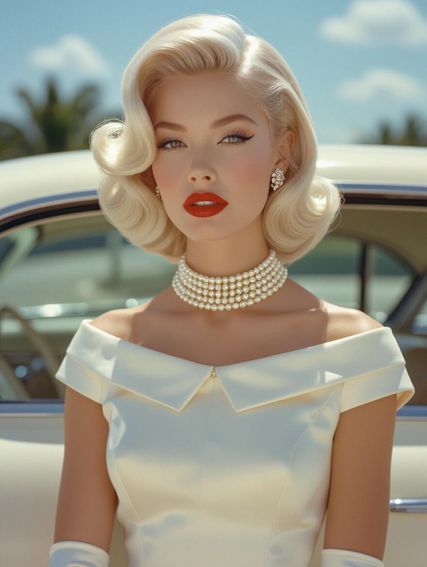 Portrait of 1960s woman. Voluminous platinum blonde hair. Wearing an ivory dress with a choker collar. Delicate pearl necklace and diamond earrings. Standing beside a classic car. Showing long legs and high heels. Flawless makeup with winged eyeliner and ruby red lips. Accessorized with white gloves. Capture in a style reminiscent of Slim Aarons photographs.