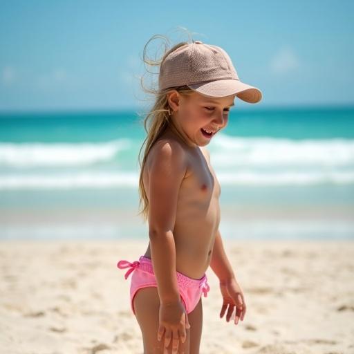 A girl on a sunny beach smiling while wearing pink panties.