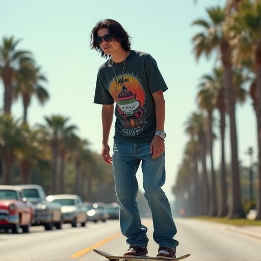 Skateboarder rides in Orlando with palm trees and vintage cars around. He wears a graphic tee and baggy jeans. The skateboard style represents 2000 skate culture.