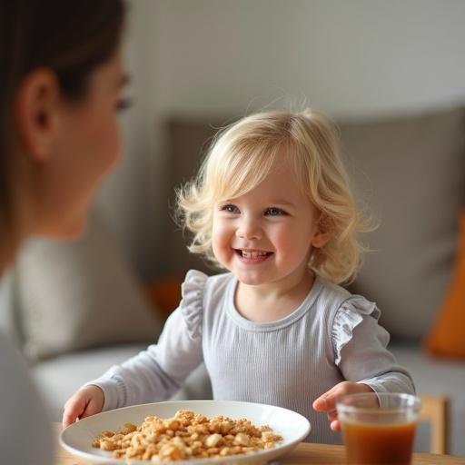 High-definition photo of a smiling blond child enjoying breakfast with a bowl of cereal. Mother is standing at the side, creating a jovial atmosphere.