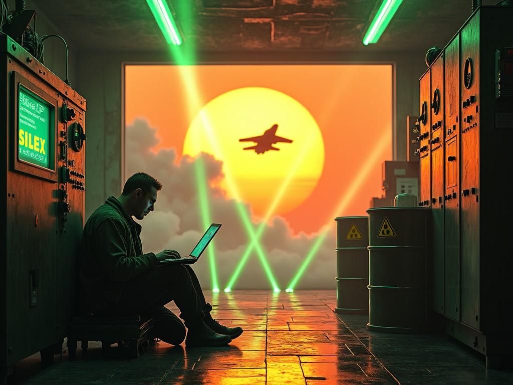 The image depicts an engineer, sitting on the floor of a gloomy lab and programming on a laptop. Next to him is a large electrical control panel, and in the distance, we can see barrels with radiation warnings. Bright green laser beams illuminate the background, partially obscured by smoke. Above, the sky is a vivid orange, lit by the sun's rays, with a fighter jet flying past. A computer monitor displays the words 'Silex 2' and 'Rise of Brendan', prominently illuminated against the dark setting.