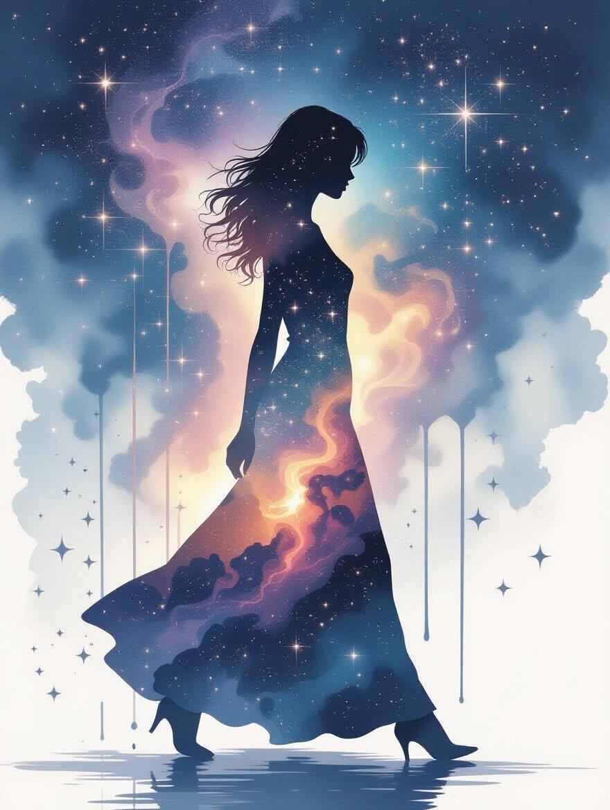 Full body profile of a woman walking slowly. Her form layered with falling stars and swirling nebulae. Soft brush ink drips trailing her motion. Luminous celestial glow blends into the silhouette. Deep space background with subtle bokeh. Poetic and dreamlike.
