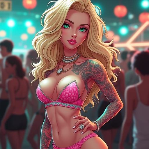 Anime character. 52 years old woman. Emerald green eyes. Beautiful face. Oversized light blonde wavy hair. Light pink diamond jewelry. Futuristic style. Half Japanese half Saiyan. 6 feet 1 inch tall. Muscular arms. 6 pack abs. Light pink lipstick and nails. White eyeshadow. Piercings with double belly button ring. Modern nightclub setting. Colorful tattoos. Extroverted expression. Dressed in edgy nightclub outfit. Summer in Tokyo. Surrounded by people dancing.
