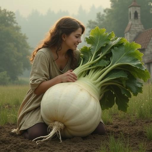 A girl in a simple linen dress kneels in a misty field at dawn. She is wrapping her arms around a huge daikon radish, which glistens with soil. Her cheeks are flushed, and she wears a playful smile. The background shows stone cottages and a forest bathed in golden light. The scene captures a medieval village atmosphere.