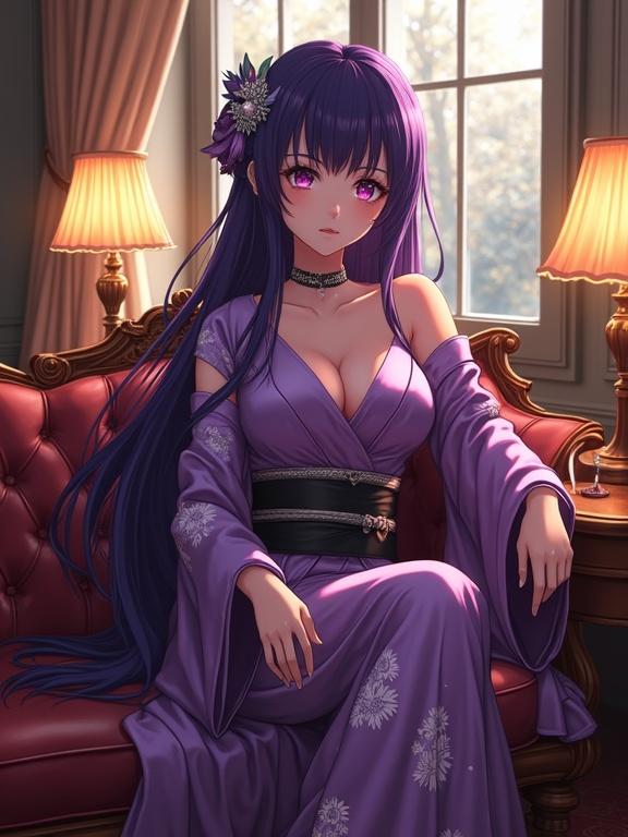 Anime character in a luxurious retro lounge. She wears a shiny violet kimono and black obi. She's sitting gracefully on a vintage leather sofa. Striking violet hair and eyes. Elegant posture and delicate hair accessories. Cozy atmosphere with warm lighting and antique decor.
