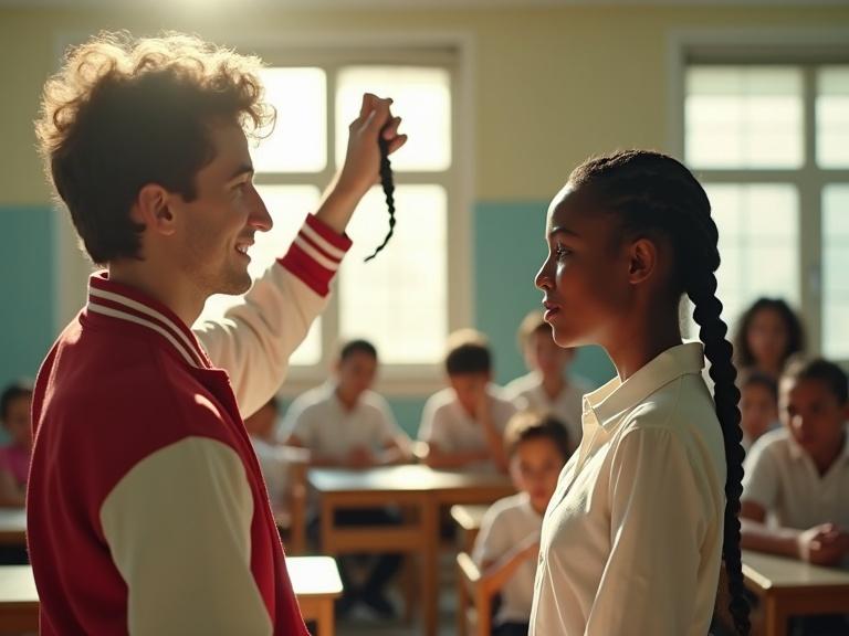 Film still showing a brightly lit classroom scene. A male student in a red letterman jacket smiles while holding a cut black braid. A female student, with braids, looks back determinedly. Other students observe in shock. Sunlight enhances the dramatic atmosphere.