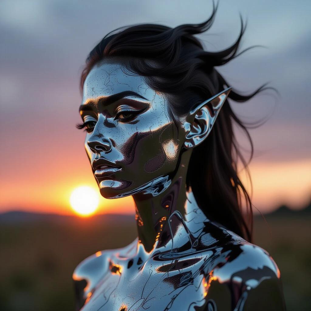 A landscape painting inspired by Aivazovsky's style. Elven world in a beautiful artistic representation. Portrait features smooth metallic and holographic forms. Sculptural and textured appearance with heavy brushstrokes. Dominant colors are liquid chrome and deep black with aggressive metallic texture.
