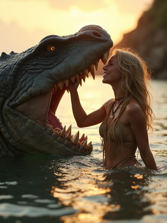 A young tribal blonde woman in a loincloth plays with a huge aquatic monster. The creature opens its mouth wide while the girl laughs and pets its nose. Warm sunset light reflects on the water, creating gentle ripples. The scene conveys a dreamy and emotional mood in hyperrealistic cinematic style.