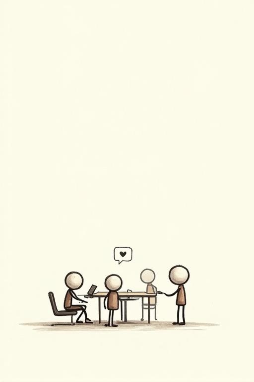 Minimalistic tired stick figure surrounded by happy stick figures engaged in various tasks like babysitting and typing in a relaxed workspace