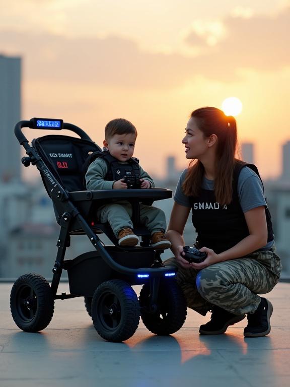 Realistic vertical image of a tactical style baby stroller. Stroller is matte black with armored design and blue LED lights. Rugged wheels suitable for off-road. A 1-year-old baby boy wears a SWAT outfit and holds a toy radio. His mother kneels beside him in military-style cargo pants and black vest holding a toy drone controller. The setting is an urban rooftop during sunset with city buildings visible in the background.