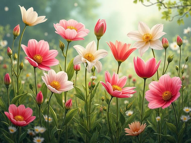 Hyper-realistic depiction of a flower landscape with daisies, wild lilies, many astromelias, eucalyptus leaves, silver dollar, and green rose buds.