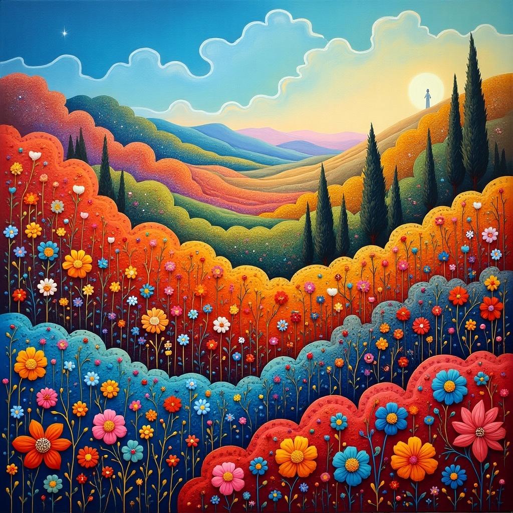 The artwork depicts a stunning landscape filled with vibrant flowers. Rolling hills stretch into the distance, painted in an array of colors from deep reds to bright greens. The sky above features fluffy clouds, and a glowing sun adds warmth to the scene. Tall trees stand majestically against the colorful backdrop. The combination of colors creates a cheerful and uplifting atmosphere, perfect for brightening any space.