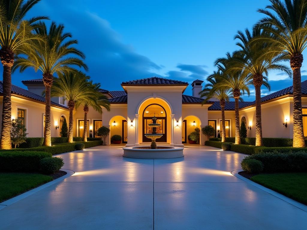 This image depicts a luxurious modern mansion captured at dusk. The house features elegant architectural details with beige stucco walls and a tiled roof. Soft golden lights illuminate the exterior, highlighting windows and doorways. In the foreground, a smooth, polished driveway leads up to a grand entryway with a decorative fountain. Flanking the pathway are vibrant green palm trees and well-maintained shrubbery, enhancing the beauty of the landscape. The sky transitions from blue to a deeper shade, indicating the approach of night. Overall, the scene conveys a sense of elegance and tranquility.