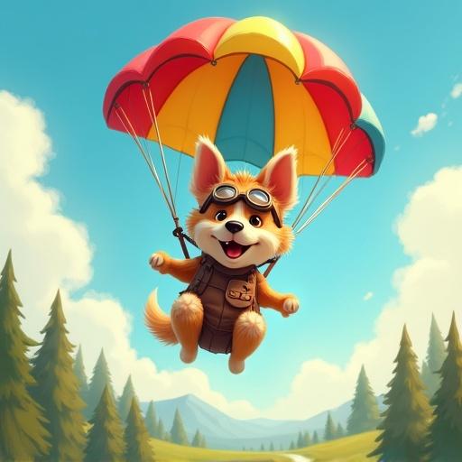 A spirited dog soars through the sky on a colorful parachute. The dog has ruffled fur and an expression of excitement. It wears an aviator cap and goggles. Below is a picturesque landscape that evokes freedom and joy. Digital painting style is used.