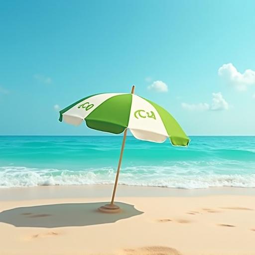 Image of a beach featuring a green and white umbrella with the letters ACV on it. Serene ocean in the background with clear blue skies.