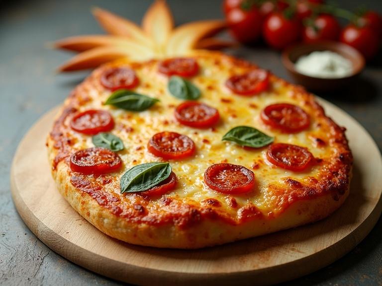 Pineapple shaped pizza on a wooden board with pepperoni and basil leaves. Bright cherry tomatoes in the background. Pizza crust is golden with melted cheese. Soft natural light highlights the pizza.