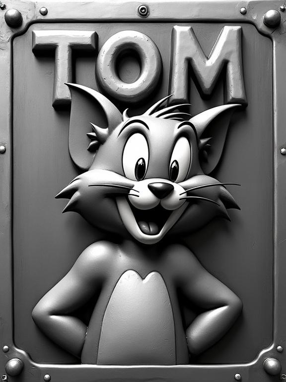 High-relief engraving of Tom from Tom and Jerry on a polished steel plate. Tom has a mischievous smirk and raised eyebrow. Detailed fur and textured metal. The name TOM is engraved in raised letters on the steel surface. Surrounding frame has rivets and light gradients for depth.