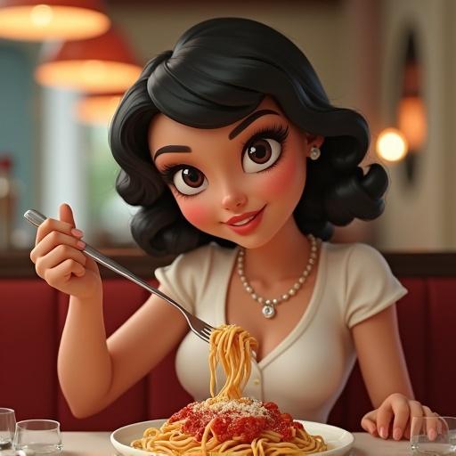 Woman enjoying a plate of spaghetti in a vintage restaurant. Artistic animation with ultra-realistic features.