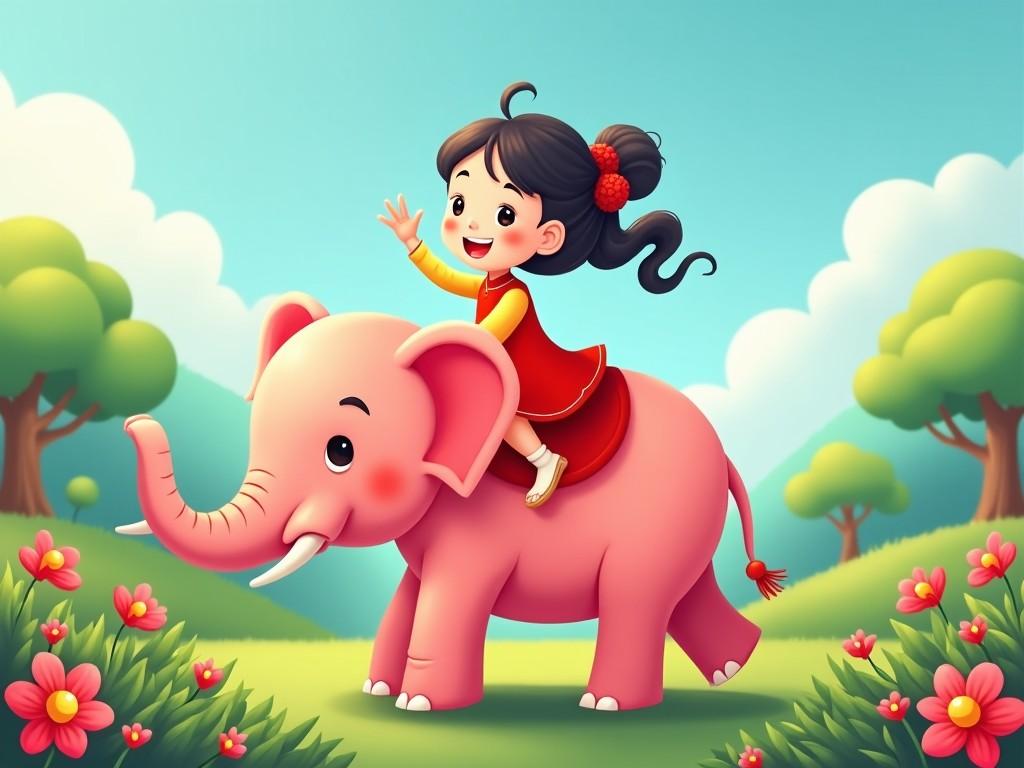 A cheerful Chinese girl with a smiling face is riding a pink elephant in a vibrant, colorful landscape. The girl is dressed in traditional attire, consisting of a bright red dress with accents. The background features lush green trees and rolling hills, adding freshness to the scene. Flowers bloom around the elephant, enhancing the whimsical atmosphere. The girl waves joyfully, creating a sense of happiness and playfulness in the image.