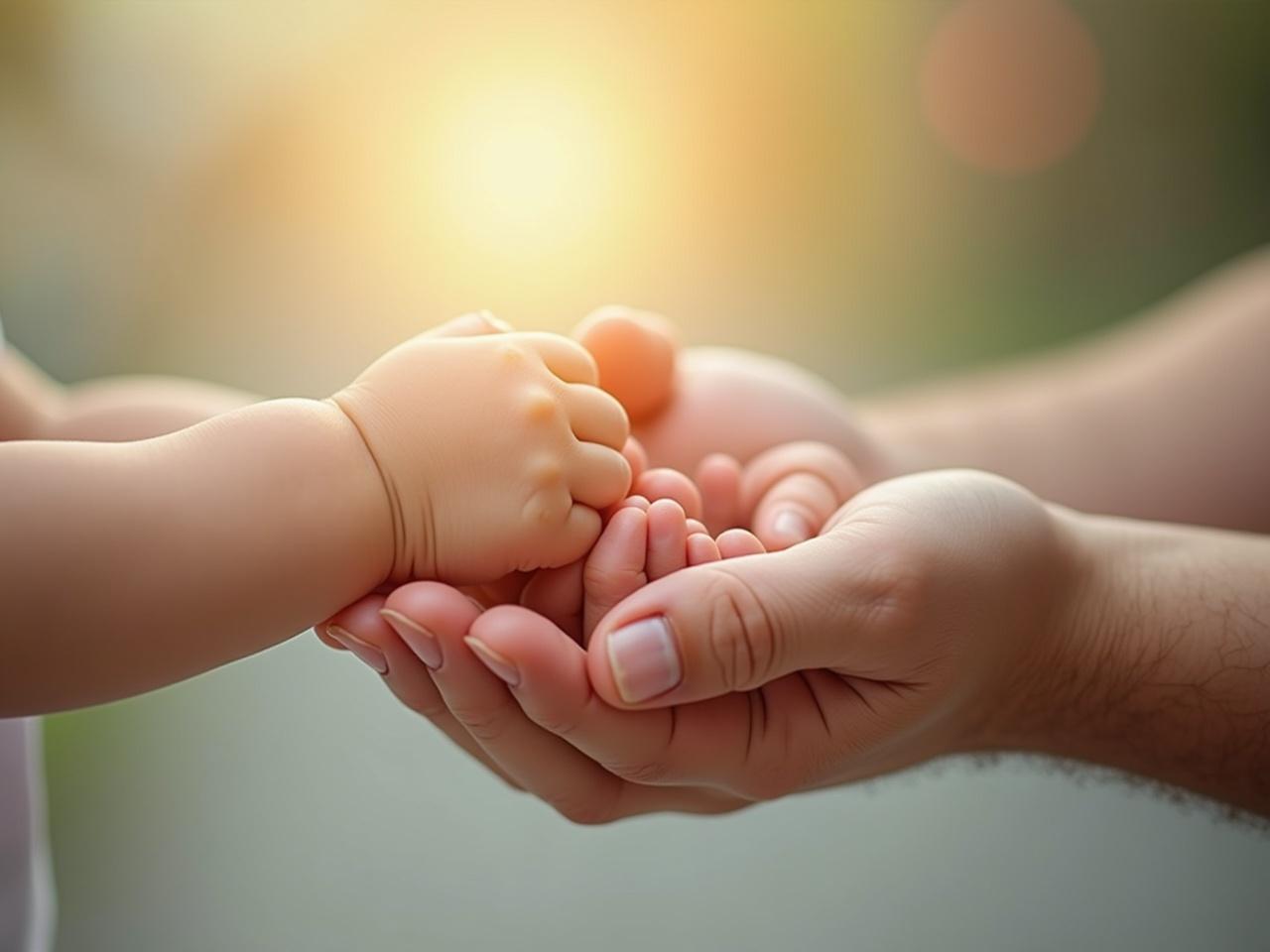 A close-up of a hand gently holding a tiny baby's hand, showcasing the contrast in size and tenderness. The background is softly blurred, focusing on the interaction between the two hands. A rainbow halo radiates out from the center of the image, clear in the middle and becoming stronger at the edges, creating a warm, uplifting atmosphere. The fingers of the baby are small and delicate, grasping onto the adult hand with a gentle grip. The adult hand has well-manicured nails, emphasizing care and love.