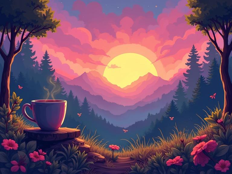 A cup of coffee placed on a wooden stump. Background features a lush mountain landscape with vibrant sunset colors. Surrounded by flowers and trees. Soft mist rising from the coffee. Ideal for relaxation and chill vibes.
